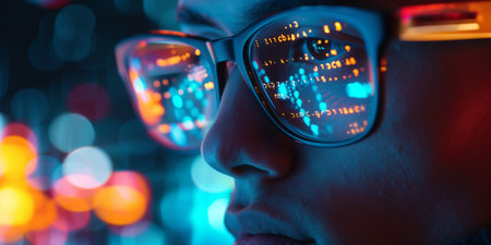 Futuristic monitor on face with code and information hologram. Eye hud animation. Future concept.の素材