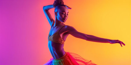 Portrait of a young ballerina on pointe shoes in a white tutu against background of bright neon lights. A young graceful ballet dancer in graceful pose. Silhouette. Ballet school poster.の素材