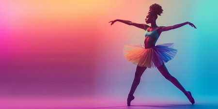 Portrait of a young ballerina on pointe shoes in a white tutu against background of bright neon lights. A young graceful ballet dancer in graceful pose. Silhouette. Ballet school poster.の素材