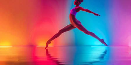 Portrait of a young ballerina on pointe shoes in a white tutu against background of bright neon lights. A young graceful ballet dancer in graceful pose. Silhouette. Ballet school poster.の素材