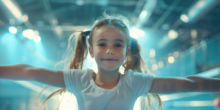 The beautiful little girl is engaged in sports gymnastics at gym. The performance, sport, acrobat, acrobatic, exercise, training conceptの素材