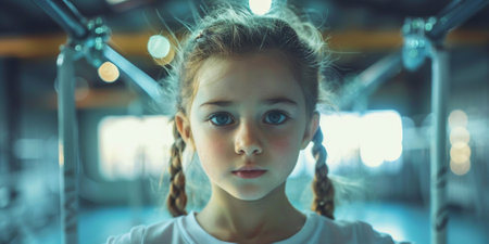 The beautiful little girl is engaged in sports gymnastics at gym. The performance, sport, acrobat, acrobatic, exercise, training conceptの素材