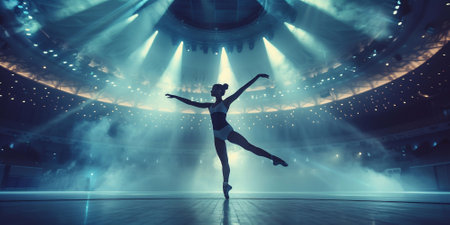 Theatrical performance. Beautiful, tender, graceful ballerina dancing against dark blue background with spotlight. Concept of art, classical ballet, creativity, choreography, beauty, adの素材