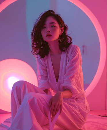 Woman tired of the model business. Photoshoot backstage, fashion lifestyle, exhausted girlの素材