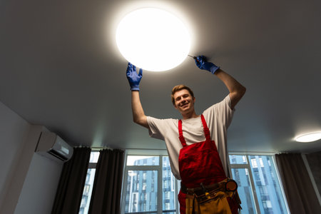 man changing led ceiling lamp in new houseの写真素材