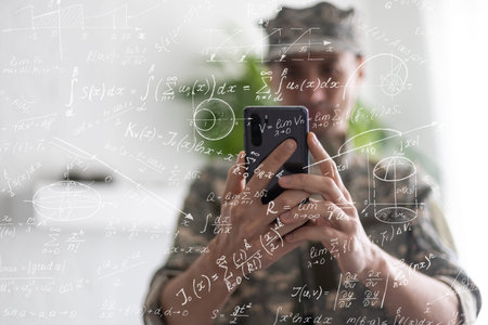 young military works with scientific formulas. mixed media
