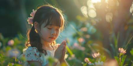 Adorable little asian girl praying at the garden. Spirituality and religion.の素材