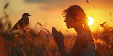 Young person praying and silhouette jesus christ cross against sky. spirituality, religion, worshipper, meditation, christianity and national day of prayer.の素材