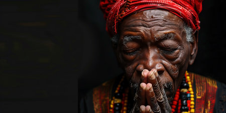 praying to god with hands together Caribbean man praying with black background stock photoの素材