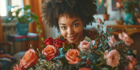 Close-up view of bouquet of fresh bright red rose flowers which tenderly holding young woman and look at itの素材