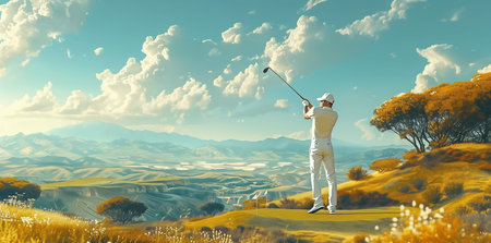 Golf Player in a orange shirt, standing with a bag of golf clubs on his back, on a golf course.の素材