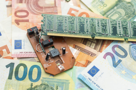 5 euro banknotes next to the micro-schemes. Top view.