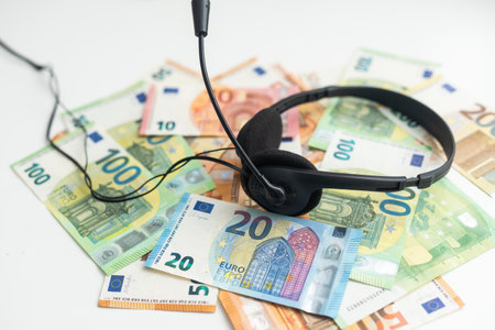 euro banknotes headphones headset. Money and technology still life concept.の写真素材
