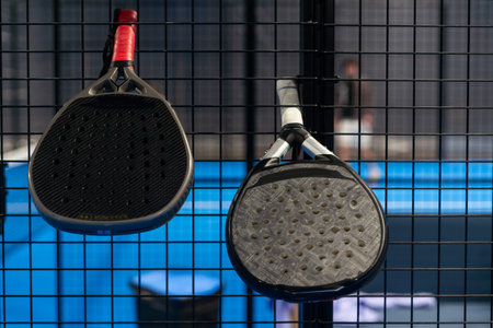 Paddle tennis: Padel racket and ball in front of an outdoor court.