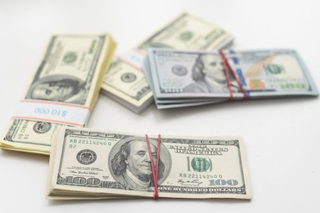 dollar bills of different amounts. Image of the dollar bills in vertical on white background