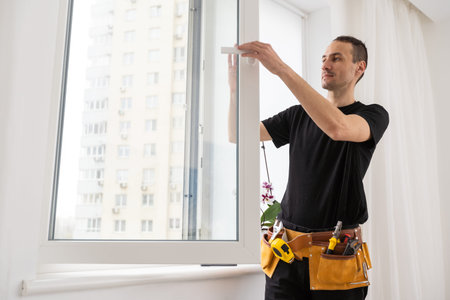 Young worker checking window after repair