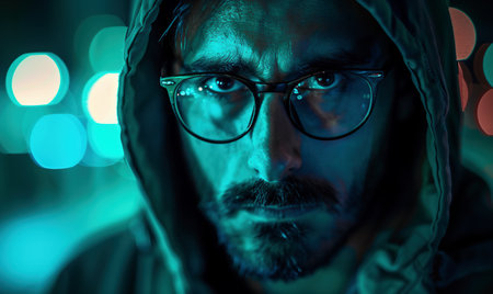 Computer hacker, face or neon man hacking online database software, website server or password phishing. Green ransomware developer, cyber security programming or night programmer coding malware codeの素材