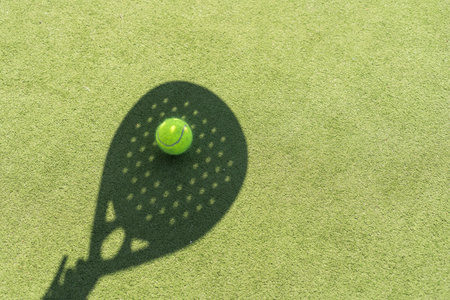 Shadow of a padel racket with a yellow ball on the green grass.の写真素材