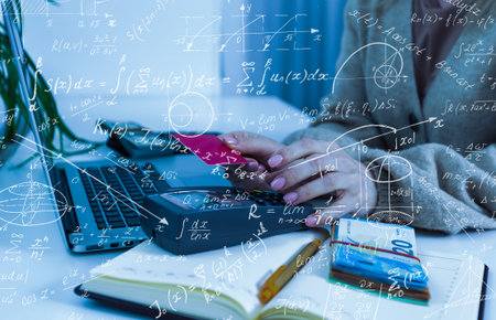 Double exposure of abstract virtual chemistry hologram on modern interior background, research and development concept.の写真素材