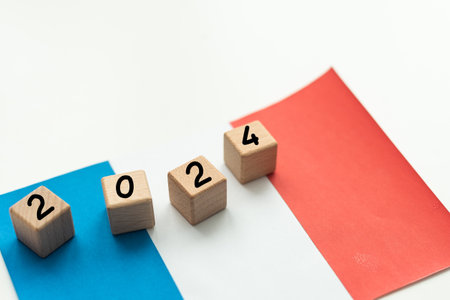 2024, France, France flag with date block, Concept, Important events for France in the new year, election, economy, social activities, central bank, France foreign policyの写真素材