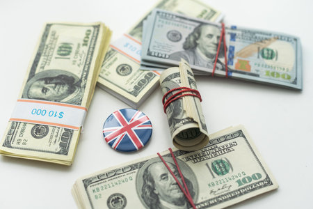 Cash money close up, top view. A bundle of 100 dollar bills lies on a pile of banknotes of various countries (dollars, euros, rubles)の写真素材