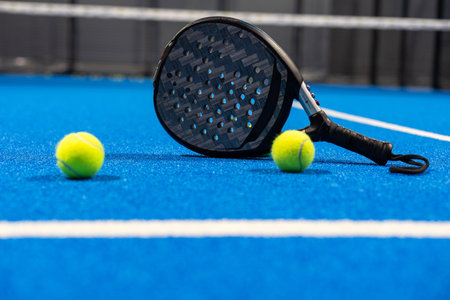 Black professional paddle tennis racket and ball with natural lighting on blue background. Horizontal sport theme poster, greeting cards, headers, website and appの写真素材