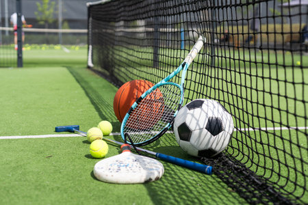 A group of sports equipment on background including tennis, basketball, and soccer on a background with copy space. High quality photoの写真素材