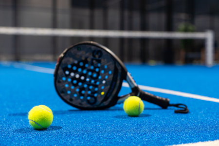 Kyiv, Ukraine, April 18, 2024. Black professional paddle tennis racket and ball with natural lighting on blue background. Horizontal sport theme poster, greeting cards, headers, website and appの写真素材
