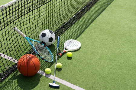 football soccer ball basketball tennis ball and racket laid on grass at sunsetの写真素材
