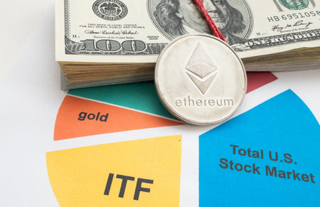 Bitcoin coin is on background of stock chart