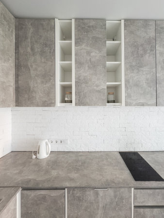 Interior of modern trendy grey kitchenの写真素材