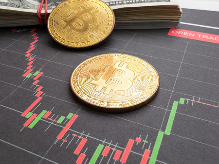 Golden crypto coin and time to pay taxes concept finance background, close-up photo