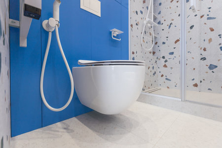 wall hung toilet. white toilet on a gray wall. On the floor tiles imitate wood.の写真素材