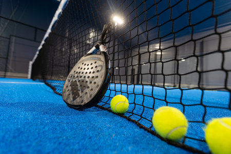 Kyiv, Ukraine, April 18, 2024. Black professional paddle tennis racket and ball with natural lighting on blue background. Horizontal sport theme poster, greeting cards, headers, website and appの写真素材