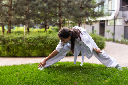 Girl in Karate Taekwondo Fighting Stanceの写真素材