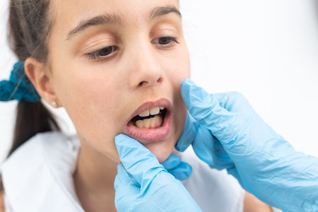 Girl putting on medical braces for orthodontic treatment over white.