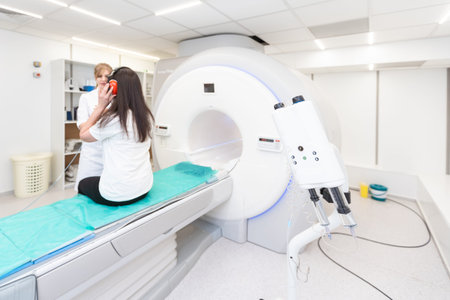 Medical CT or MRI Scan with a patient in the modern hospital laboratory. Interior of radiography...