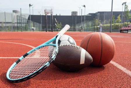 Volleyball net and different types of ballsの写真素材