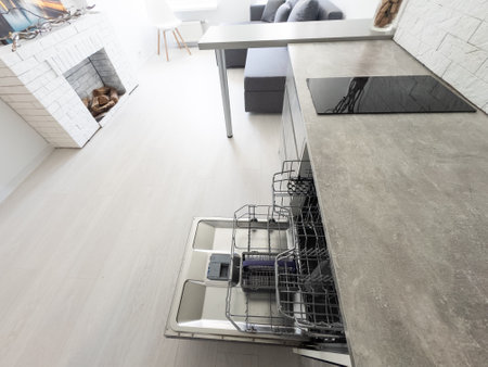 modern bright kitchen Studio with furniture in a new house for a familyの写真素材