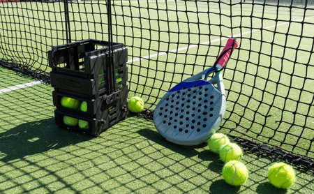 Paddle shovel rests on a basket of balls after a training on the track in courtの写真素材