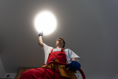 man changing led ceiling lamp in new houseの写真素材