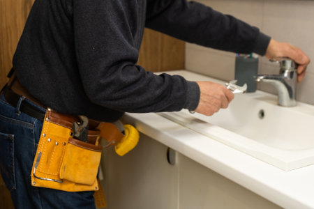 Man repairing bathroom faucet with adjustable wrenchの写真素材