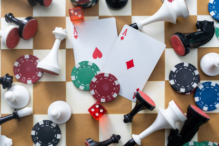Gamepad, laying cards with the chips on the table.の写真素材