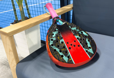 padel racket on a padel blue court with a ballの写真素材