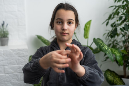 A smiley teenage girl hand signの写真素材