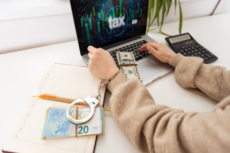 handcuff and money on laptop, Buying freedom, exchange freedom for money to escape from crimeの写真素材