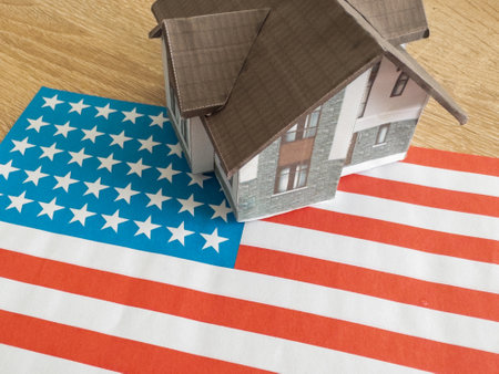 house on American flag backgroundの写真素材