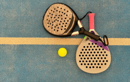 A padel tennis racket is laying on the ground next to a tennis ball on a padel courtの写真素材