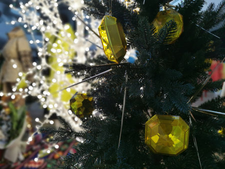 Christmas tree decorated with Pine Cone And Branches. Closeup coneの写真素材