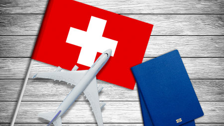 Passenger airplane and flag of Switzerland. 3D illustrationの写真素材